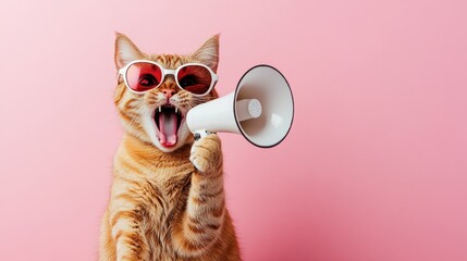 Fototapeta premium Energetic cat with megaphone indoor setting humorous portrait pink background fun concept