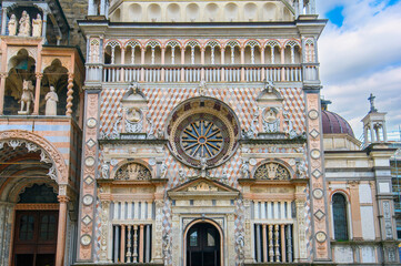Basilica of Santa Maria Maggiore in Citta Alta, Bergamo, Italy. Historical cathedral architecture of Old town. Beautiful medieval church 