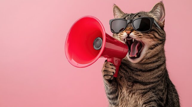 Energetic cat with megaphone studio setting humorous portrait playful environment close-up view whimsical concept