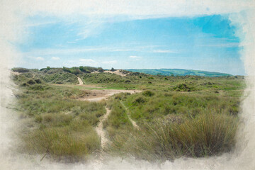 Digital watercolour painting of the sand dunes and beach at Talacre, North Wales on a bright sunny summer day.
