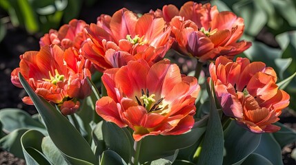 Fototapeta premium Endless rows of red and orange tulips in full bloom on a sunny spring day at a Dutch flower bulb nursery in the Netherlands.