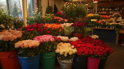 Florist arranging bouquets in a flower shop, with colorful buckets of freshly cut roses and greenery surrounding the workspace.