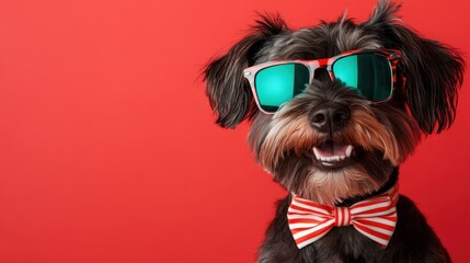 This stylish dog with striking sunglasses and a fun striped bowtie showcases a playful and trendy spirit set against an eye-catching red backdrop, bringing smiles to viewers.