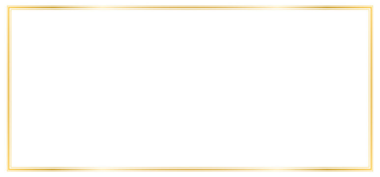 horizontal gold rectangle border isolated on transparent background. Thin gold frame. Luxury mockup, template for invitation, postcard, card, PNG, design elements for decoration