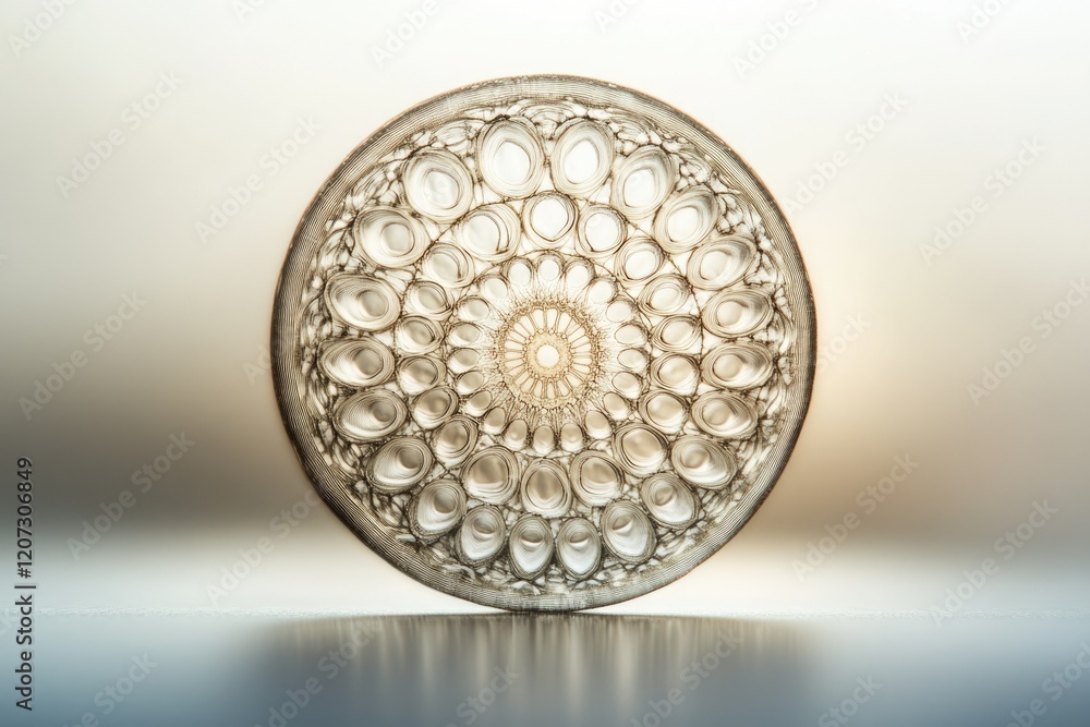 Poster intricate circular design, translucent material with concentric patterns, creating a mesmerizing vis