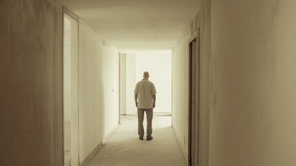 Fototapeta premium A man stands in an empty, unfinished hallway, looking towards a bright light at the end.
