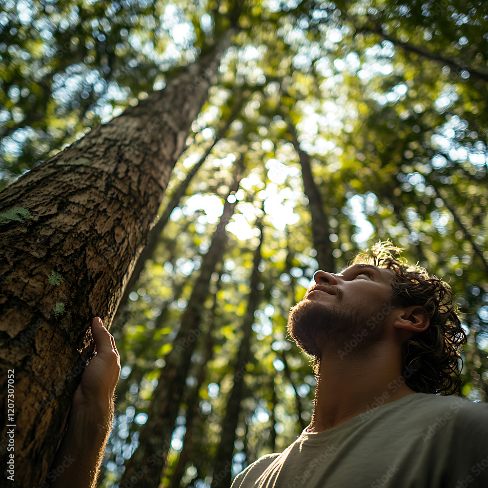 Poster man gazes upward in lush forest, surrounded by tall trees and dappled sunlight filtering through lea