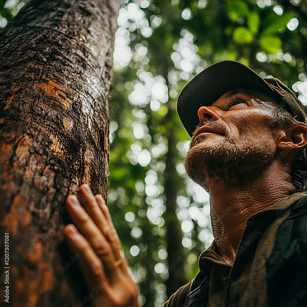 Poster man gazes up at tall tree in lush forest, surrounded by greenery and dappled sunlight filtering thro