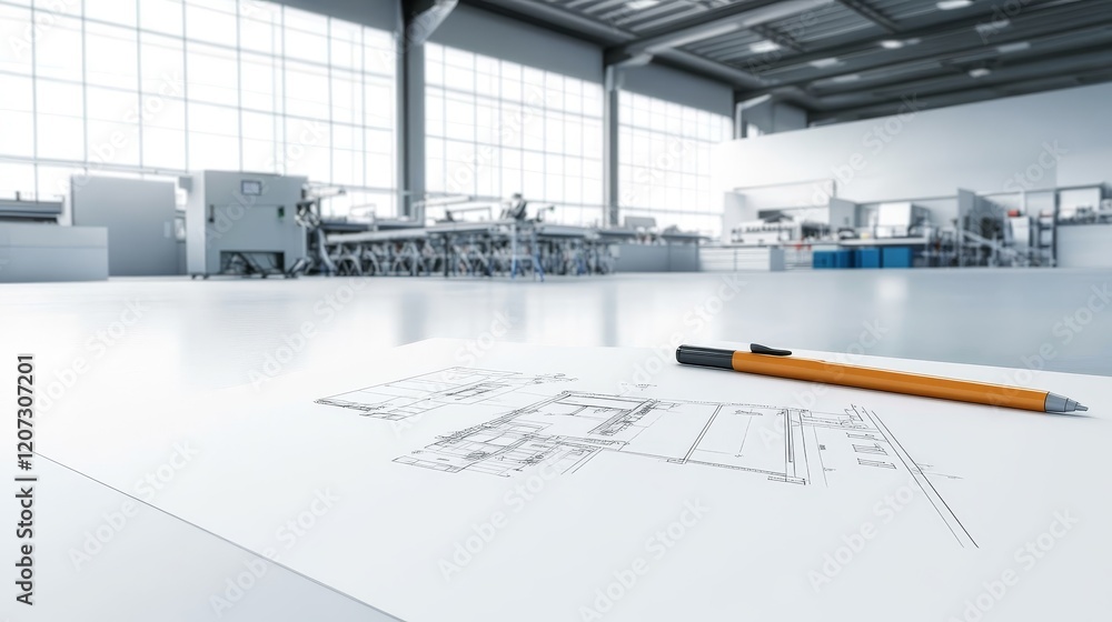 Poster detailed architectural blueprint with a mechanical pencil on a bright open workspace in a modern ind