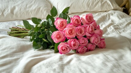 Fresh pink roses styled as a hand-tied bouquet, placed on a soft cream bedspread with natural light coming from a window.