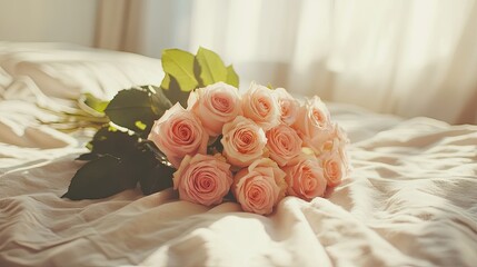 Fresh pink roses styled as a hand-tied bouquet, placed on a soft cream bedspread with natural light coming from a window.