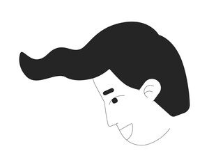 Minimalist profile of smiling man with wavy hairstyle black and white 2D line character. Stylized face male, artistic expression isolated vector outline person. Monochromatic spot illustration