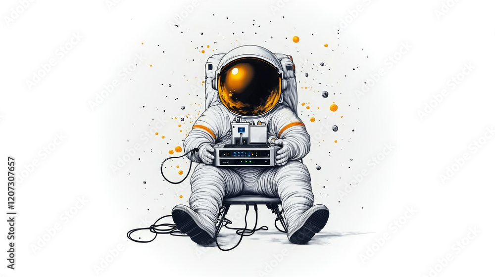Poster astronaut repairs old router in a futuristic workspace while surrounded by cosmic elements