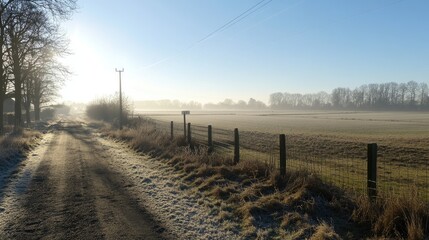 Obraz premium High-voltage power lines spanning a Dutch winter landscape of open fields and grassland under sunny skies and clear blue horizons.