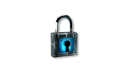 Secure translucent padlock with glowing blue keyhole; concept of digital security, data protection, privacy, and online safety.
