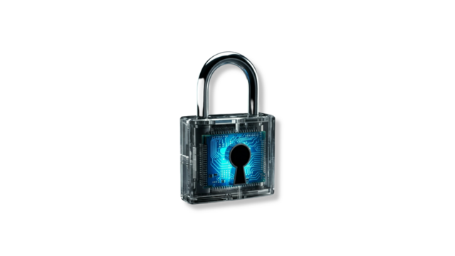 Secure translucent padlock with glowing blue keyhole; concept of digital security, data protection, privacy, and online safety.