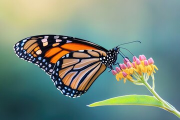 Fototapeta premium A Monarch butterfly with vibrant orange and black wings delicately feeding on a cluster of pink and yellow flowers.