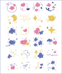 vector illustration of hearts, stars and planets, abstract shapes on a white background. Graphic illustration in flat graphics of hearts and planets