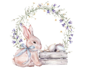 Happy Easter card with watercolor cute rabbits or bunny with light blue bow, paint eggs, willow and wreath of yellow buttercup and little flower violet bluebell. Easter watercolor posters pastel color