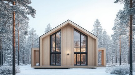 Modern wooden house surrounded by snowy pine trees in tranquil setting.