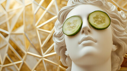 Surreal Image Of A Greek-Style Bust With Cucumber Eyewear And Art Deco Gold Accents. Generative AI