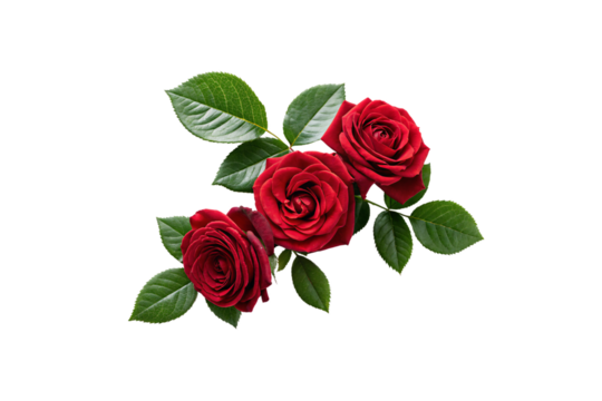 A trio of fresh, vibrant red roses surrounded by glossy green leaves, presented in a minimalistic composition, highlighting their rich textures. Isolated on a transparent background
