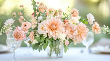 Minimalist arrangement of fresh-cut flowers in blush pink tones, placed in a simple glass vase on a white dining table.