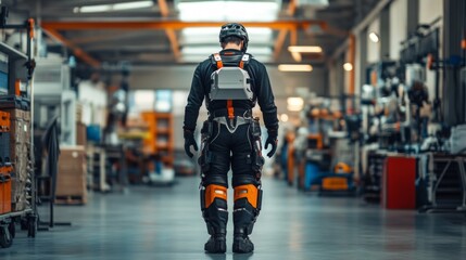 Factory worker wearing advanced exoskeleton suit