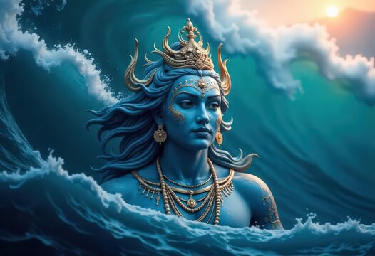 Stunning depiction of a Hindu deity rising from the waves.