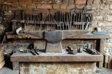 Blacksmith at Work with metal Hammer and Anvil, Creating Sparks in Traditional Forge, Generative AI photo