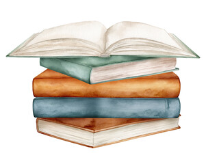 Set of books watercolor illustration isolated on white background. Open books brown green colors. Stack of books clipart. Vintage old textbooks watercolor hand drawn. minimalist style design