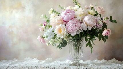 Romantic bouquet of soft pastel flowers, including peonies, lisianthus, and greenery in a vintage crystal vase, placed on a lace-covered table.