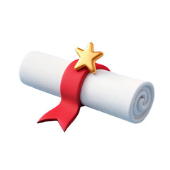 A 3d white rolled-up diploma with a red ribbon and gold star emblem, in a cartoon style, PNG