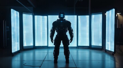 Obraz premium Silhouette of a powerful humanoid robot standing in a futuristic digital environment