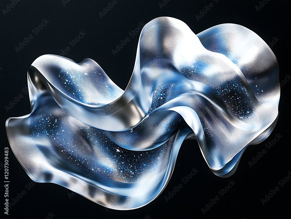 Poster flowing abstract design with blue and silver waves, creating sense of movement and depth. shimmering