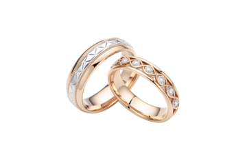 Intricately patterned rose gold and silver rings, featuring crisscross diamond accents for a touch of vintage romance and contemporary charm. Isolated on a transparent background