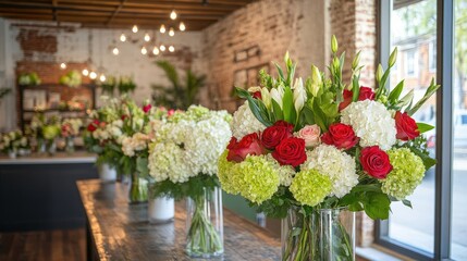 Rows of fresh flower vases featuring roses, hydrangeas, and lilies in bold colors, set against a rustic floral shop interior.