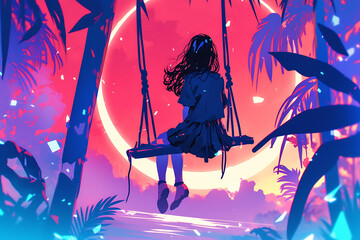 A girl on a swing in a vibrant tropical landscape at sunset, surrounded by lush foliage and colors