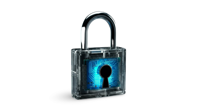 Transparent padlock with a glowing blue circuit board inside, illustrating digital security and data protection.