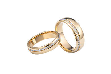 Stunning yellow gold rings, encrusted with sparkling diamonds in a minimalist yet dazzling arrangement, radiating warmth and sophistication. Isolated on a transparent background