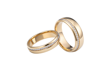 Stunning yellow gold rings, encrusted with sparkling diamonds in a minimalist yet dazzling arrangement, radiating warmth and sophistication. Isolated on a transparent background