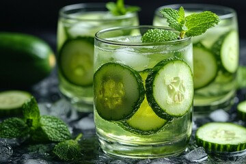 Fototapeta premium A close-up of a refreshing drink made with cucumber, lime, and mint