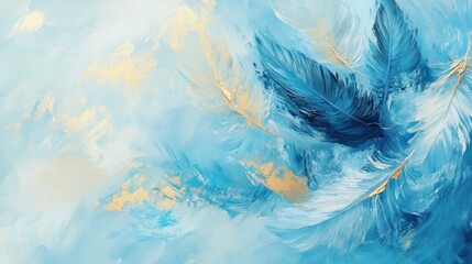 Blue feathers abstract art, gold accents, swirling background, website banner