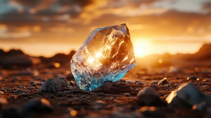 A crystal shard sparkles brilliantly under the golden sunset, surrounded by rugged ground textures, creating an engaging scene of natural beauty and light.