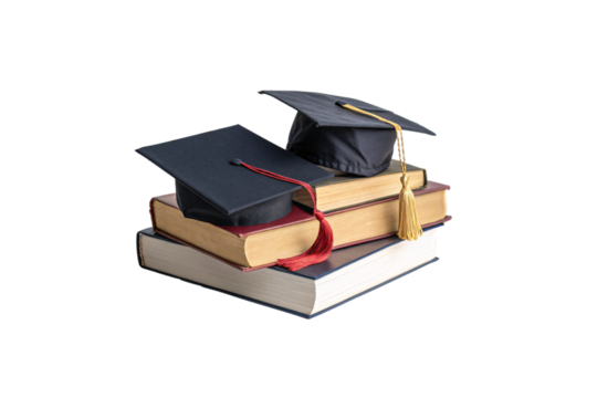 Two graduation caps, one with a red tassel, another with gold, sit atop aged books, representing shared academic accomplishments. Isolated on a transparent background