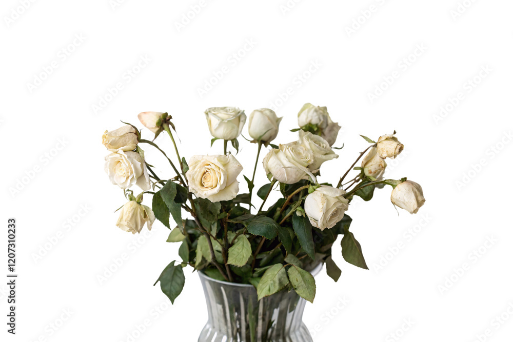 Poster white roses with gentle aging details rest in a transparent vase, their soft petals showcasing under