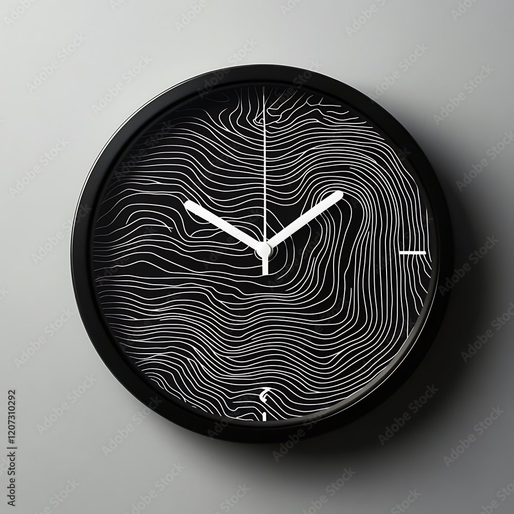 Poster modern wall clock with etching illustration, featuring white lines on black background, creating uni