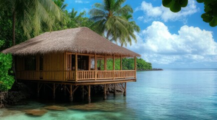 Tropical overwater bungalow surrounded by calm turquoise waters.