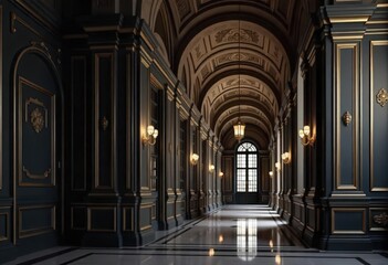 Obraz premium Grand Architectural Hallway with Dark Tones and Gold Accents