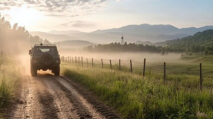 Fototapeta premium Off-Road Adventure Vehicle Navigates Dusty Trail at Sunrise Amidst Scenic Landscape with Misty Mountains and Lush Greenery in Background